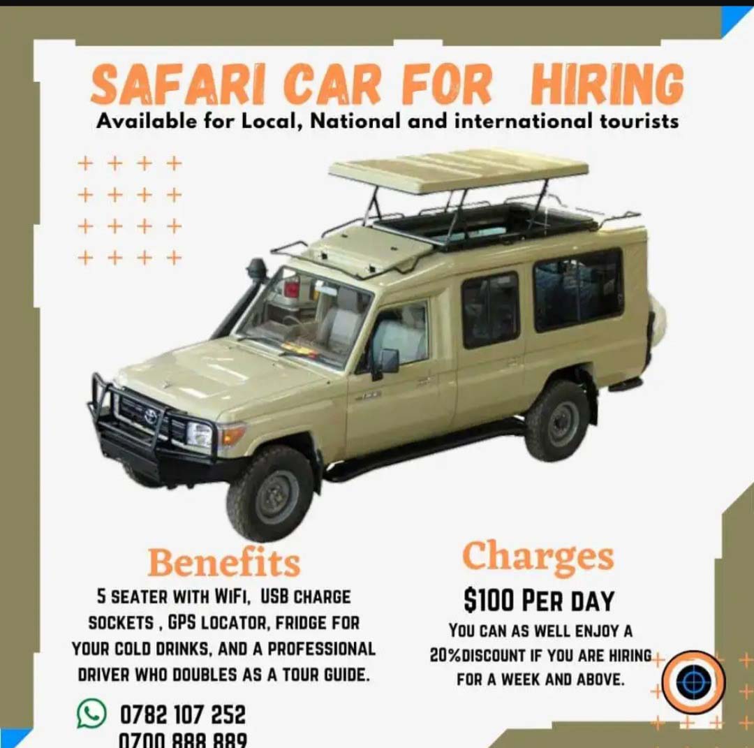 Tours And Travel Car Hire Services in Uganda. SAFARI CARs FOR Hiring. Available for Local, National And International Tourists. Comes With 5 Seater with Wi-Fi USB Charging Sockets GPS Locator, Fridge for Cold Drinks, a Professional Driver who doubles as a Tour Guide. Charges: $100 Per Day Enjoy a 20% discount when you hire for a week and above. Contact Us: +256 782 107252 +256 700 888889 | Tour Guides Uganda | Tour Operators Uganda, Gorilla Trekking in Uganda, Gorilla Safaris And Lodging in Uganda, Ihamba EarthLife Safaris Uganda, Ugabox