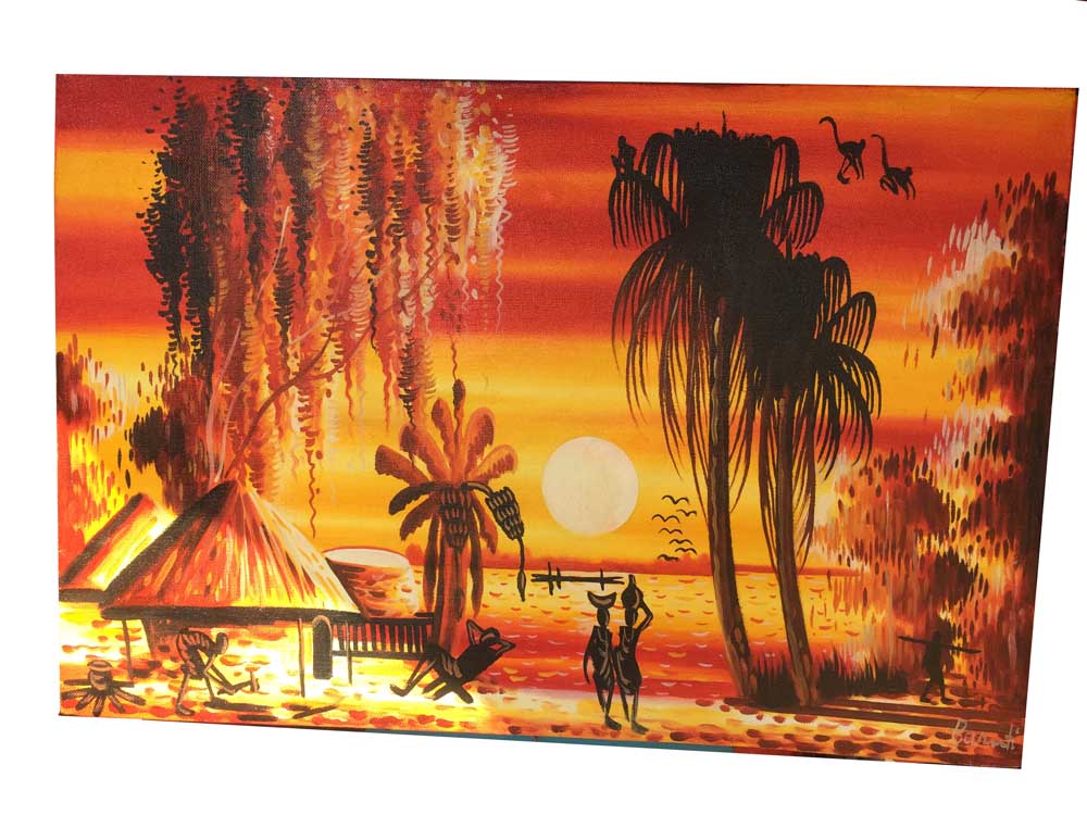 Sunset Village Setting Painting Uganda, African Painting, Art and Crafts Uganda, Johnay Artz Kampala Uganda, Buganda Road Craft Village